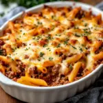 Baked Ground Beef Casserole topped with cheese and herbs ready to serve.