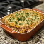Hearty ground beef casserole topped with cheese and baked to perfection.