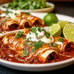 Mouthwatering ground beef enchiladas topped with cheese and sauce
