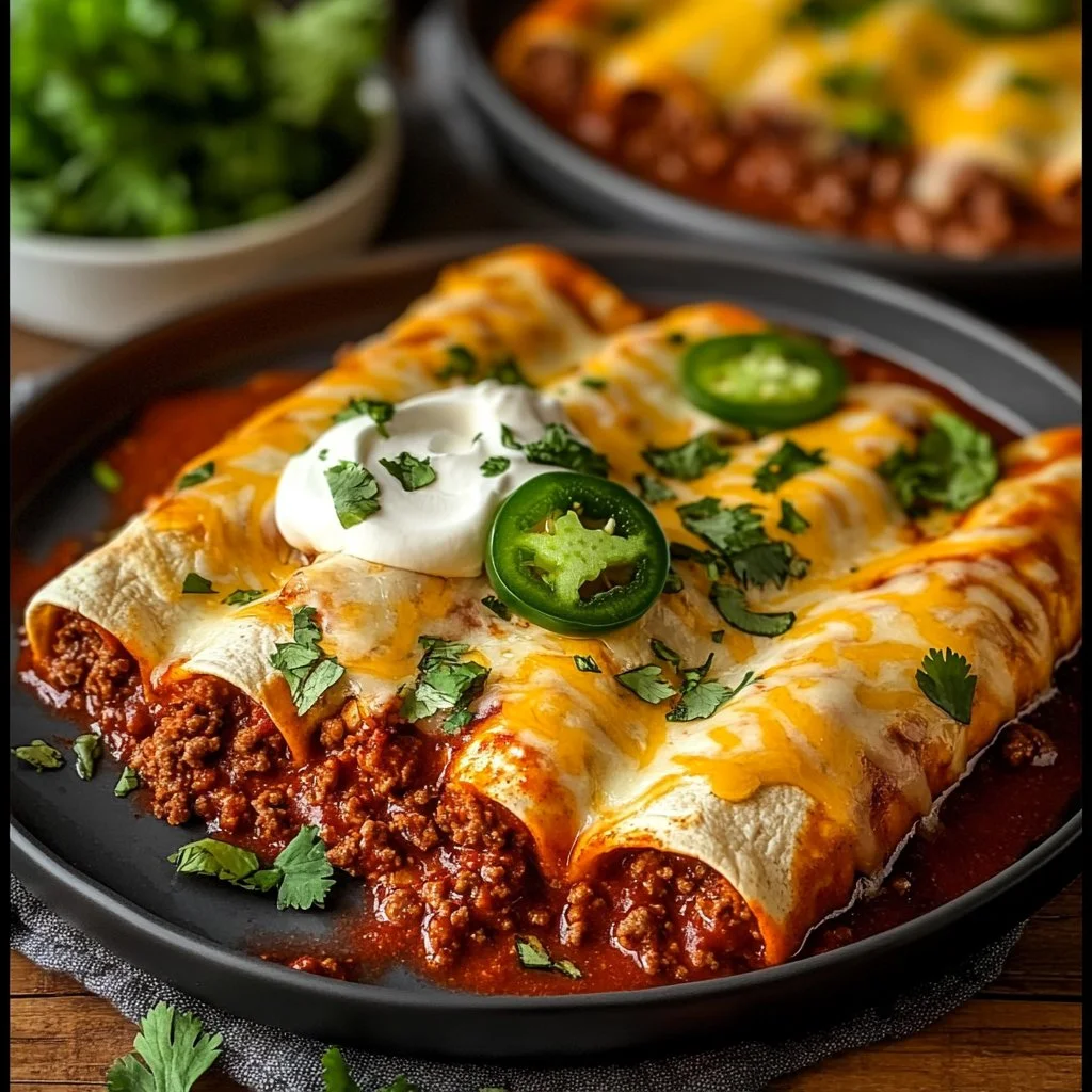 Delicious ground beef enchiladas topped with cheese and garnished with cilantro.