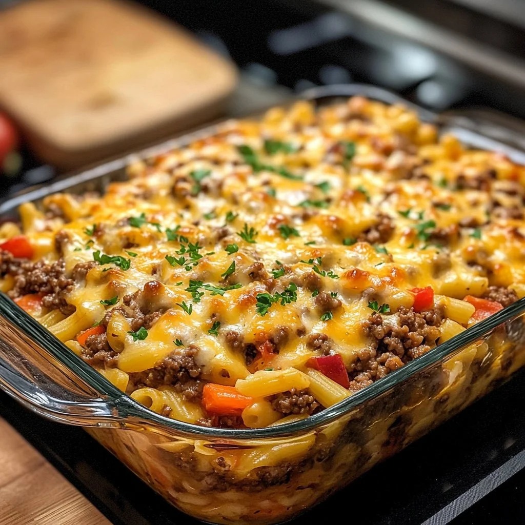 Delicious Hamburger Supreme Casserole served in a baking dish with toppings.