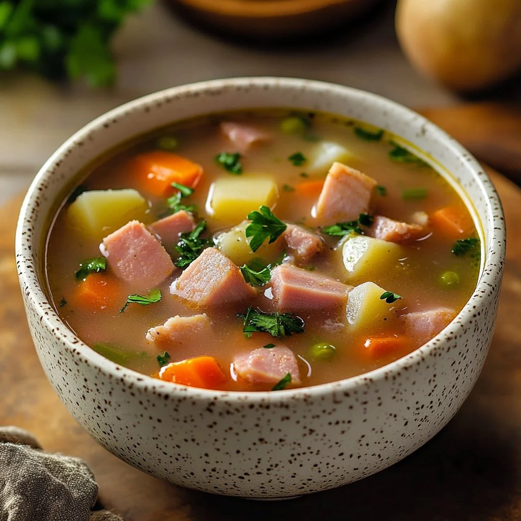 A bowl of hearty ham soup with vegetables and herbs, perfect for a cozy meal.