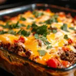 Delicious Keto Mexican ground beef casserole topped with cheese and spices