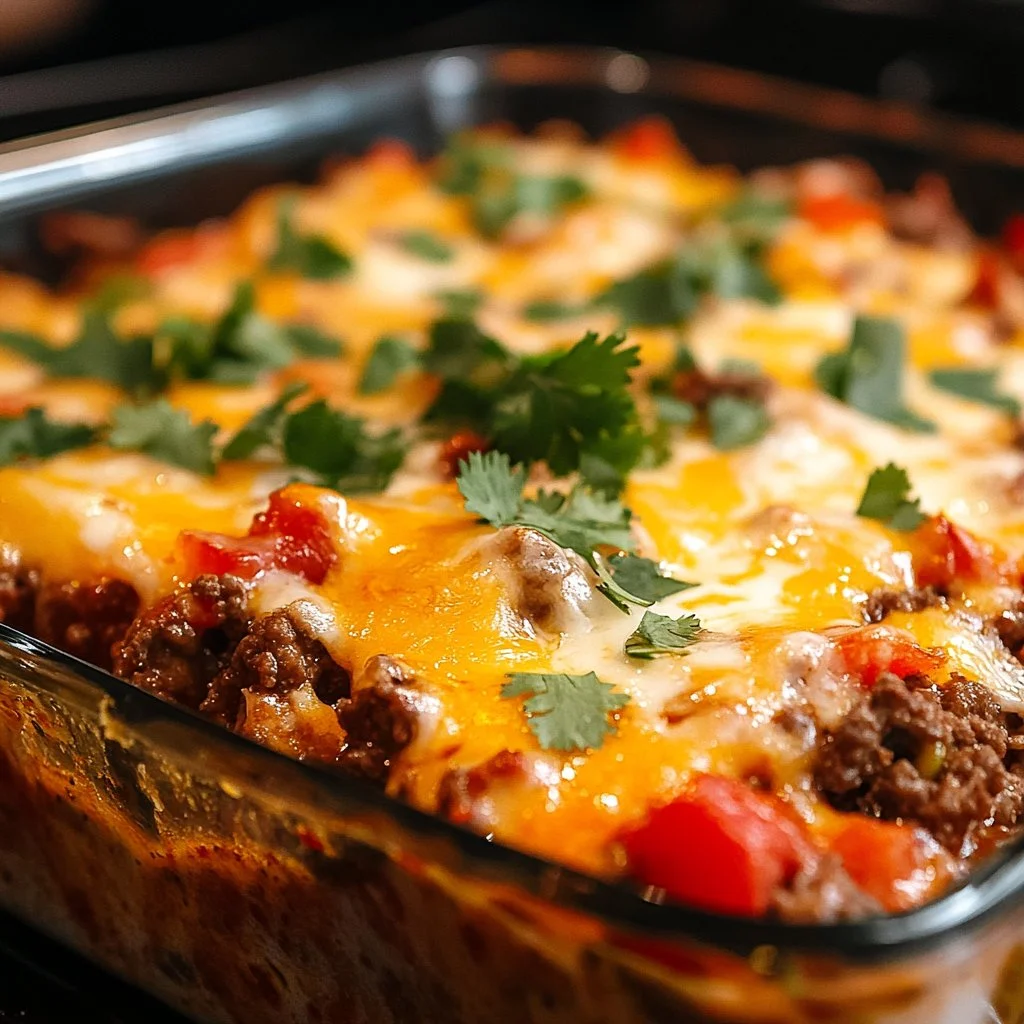Delicious Keto Mexican ground beef casserole topped with cheese and spices