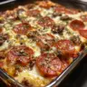 Delicious Keto Pizza Casserole served in a baking dish with toppings