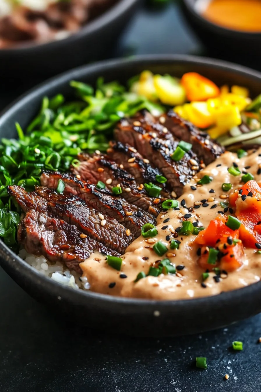 Korean BBQ Steak Rice Bowls with Spicy Cream Sauce