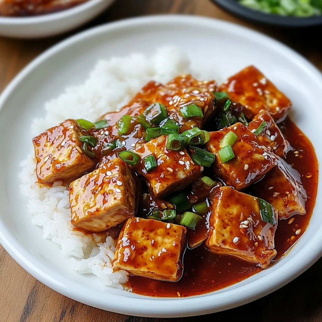 Delicious Korean braised tofu served with vegetables and garnished for flavor.