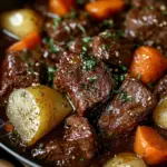 Korean style pot roast with rich sauce and vegetables served in a bowl.