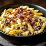 Delicious loaded bacon cheeseburger Alfredo pasta in a creamy sauce topped with bacon.