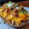 Delicious loaded baked potato topped with cheese, bacon bits, and sour cream