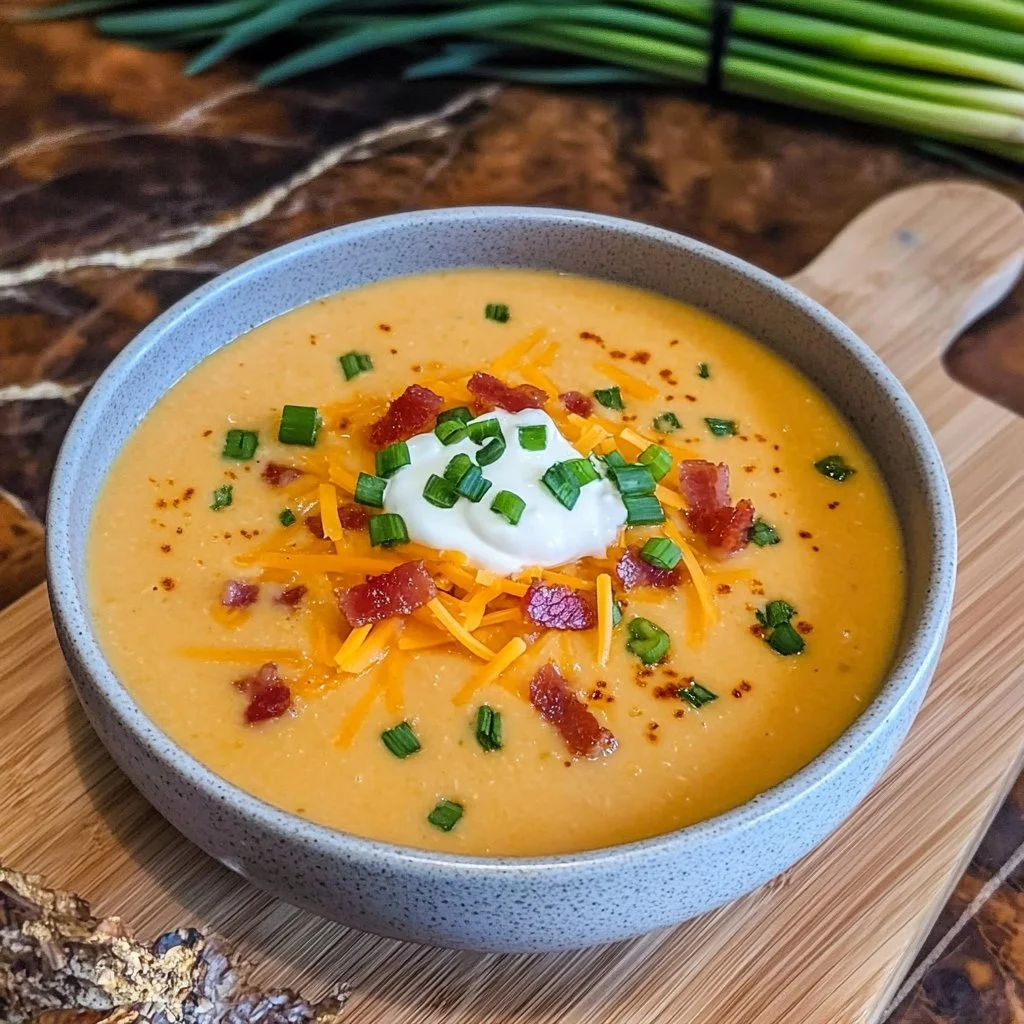 Bowl of creamy Loaded Baked Potato Soup topped with cheese and green onions