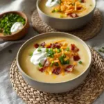 Bowl of loaded baked potato soup topped with cheese and chives