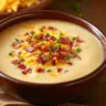 Bowl of loaded baked potato soup topped with cheese, bacon, and chives