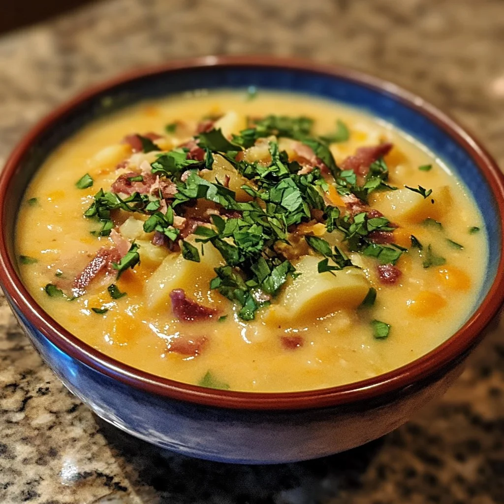 Bowl of loaded potato soup topped with cheese, bacon, and chives.