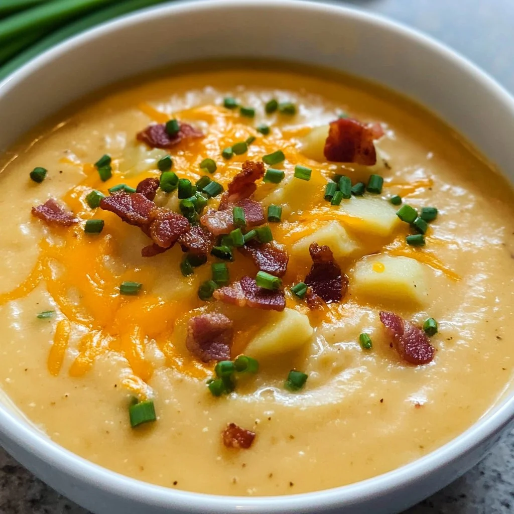 Bowl of loaded potato soup topped with cheese, bacon, and green onions