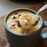 Bowl of loaded potato soup topped with cheese, bacon, and green onions
