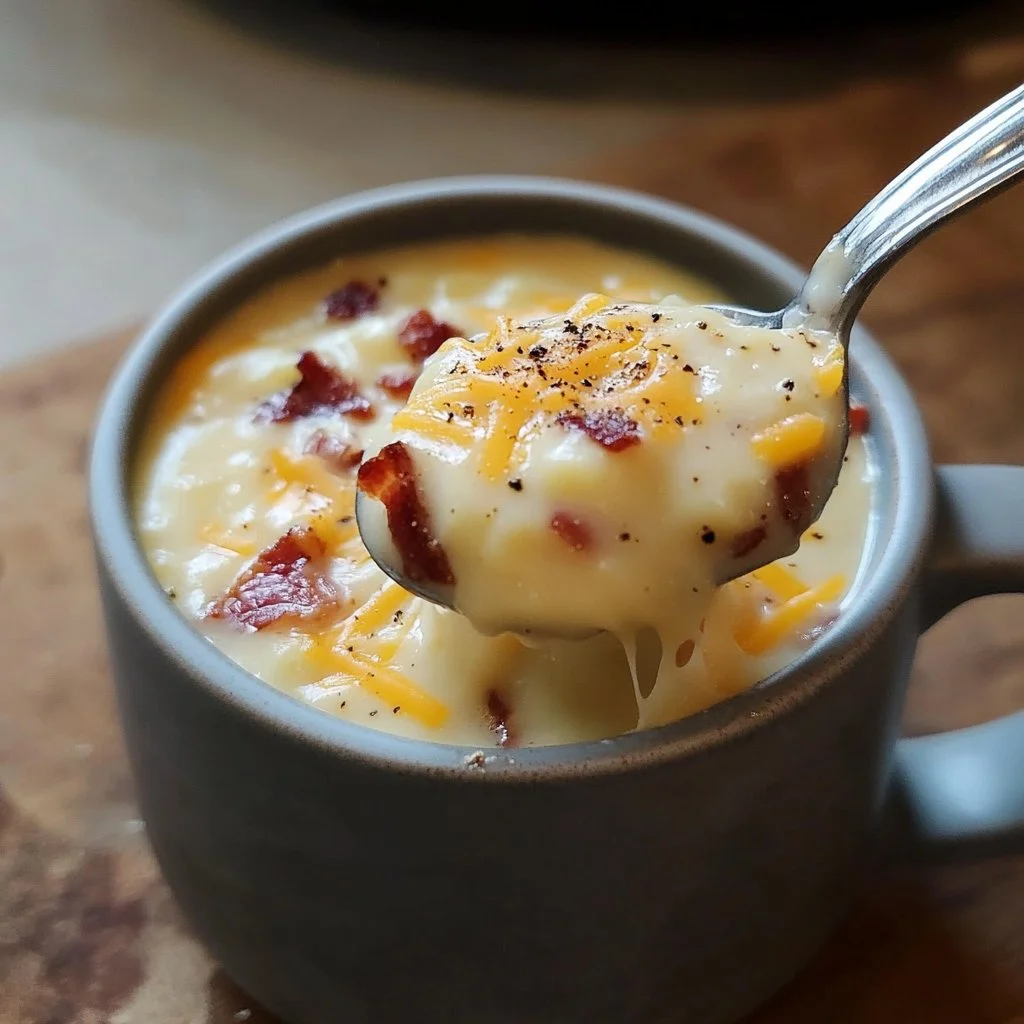 Bowl of loaded potato soup topped with cheese, bacon, and green onions