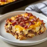 Low-carb bacon cheeseburger casserole topped with cheese and bacon.