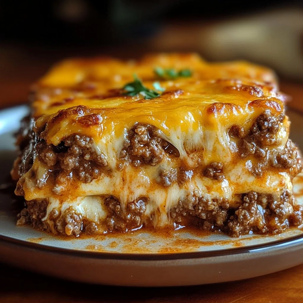 Low Carb Bacon Cheeseburger Casserole topped with cheese and crispy bacon