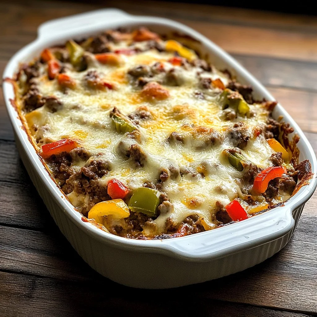 Low-carb Philly cheesesteak casserole served in a baking dish