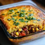 Delicious Mexican cornbread casserole topped with cheese and green chilies.