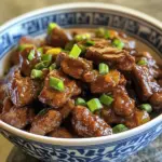 Delicious plate of Mongolian Beef with vegetables and sauce