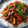 Plate of Mongolian beef with vegetables and rice