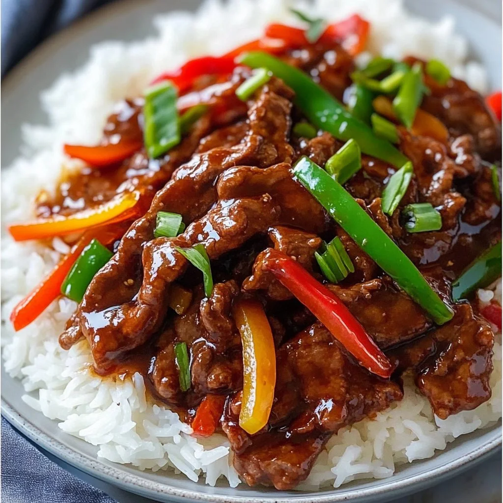 Plate of Mongolian beef with vegetables and rice