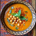 Bowl of Moroccan Sweet Potato Soup with Chickpeas garnished with herbs.