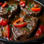 A plate of old-fashioned Swiss Steak garnished with fresh herbs.
