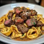 One-Pan Cowboy Butter Tortellini with steak bites in a skillet