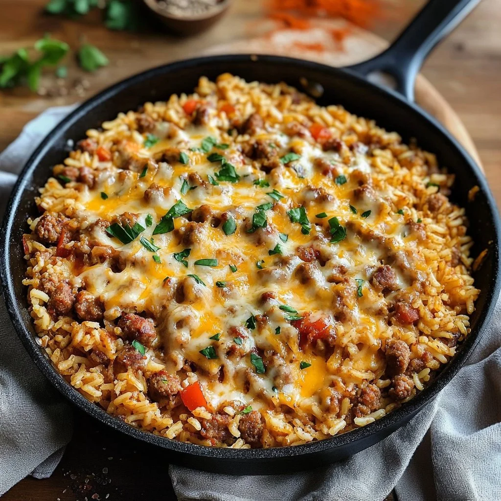 One Pot Dirty Rice with Sausage being served in a bowl