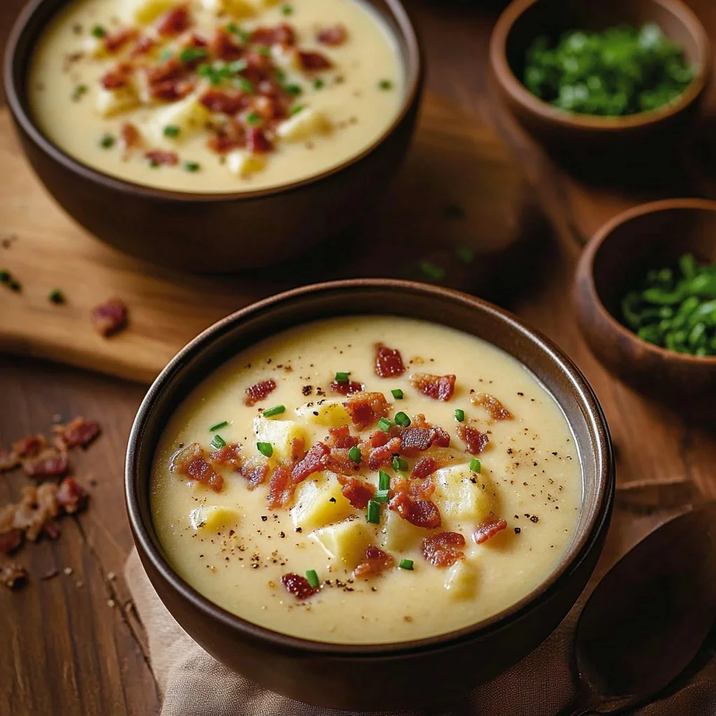 Delicious bowl of Outback Steakhouse potato soup topped with chives and bacon.