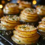 Crispy Parmesan potato stacks served on a plate, garnished with herbs.