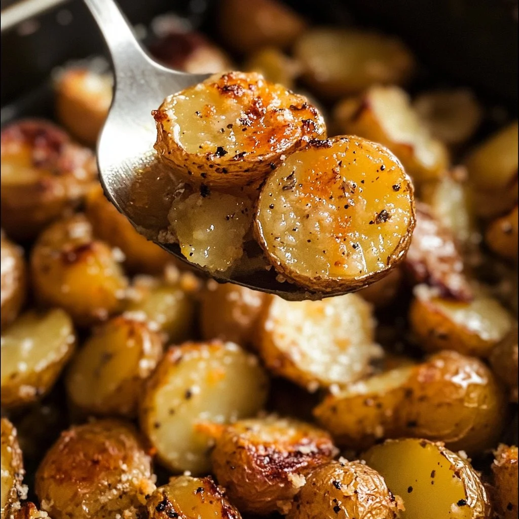 Bowl of crispy Parmesan Roasted Potatoes garnished with fresh herbs