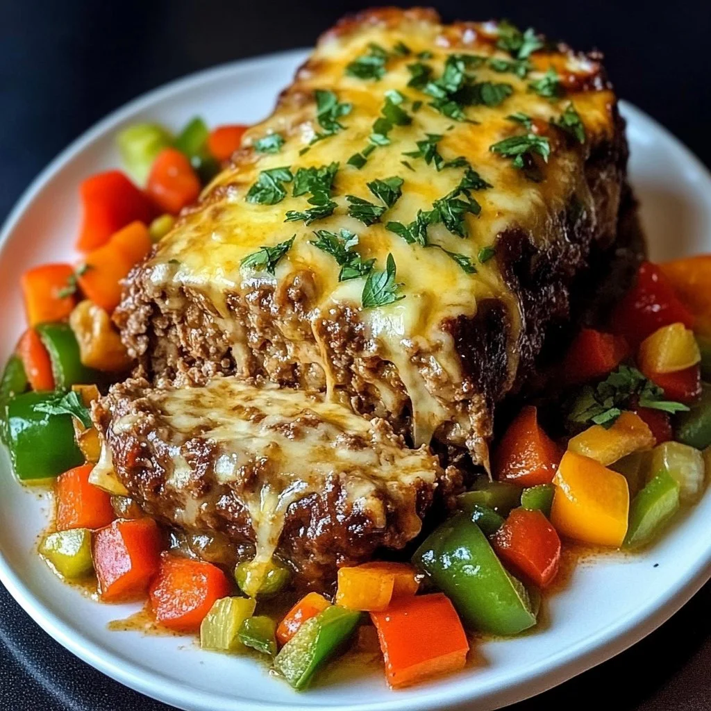 Philly Cheesesteak Meatloaf slice on a plate with toppings