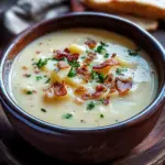 Bowl of creamy Pioneer Woman potato soup garnished with herbs