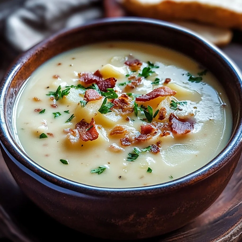 Bowl of creamy Pioneer Woman potato soup garnished with herbs