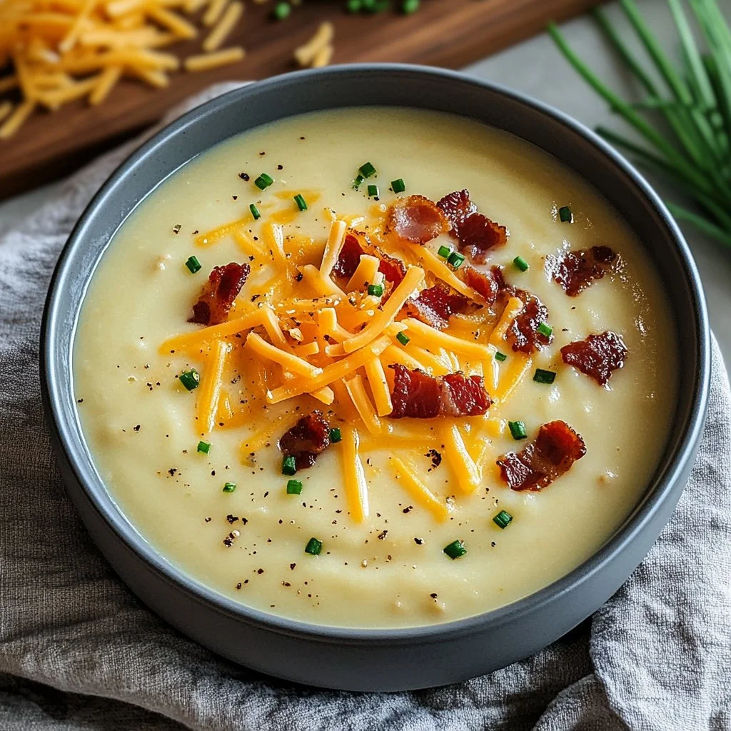Creamy potato soup garnished with herbs in a bowl
