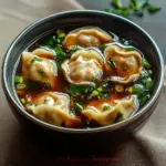 Delicious homemade potsticker soup with dumplings and vegetables.