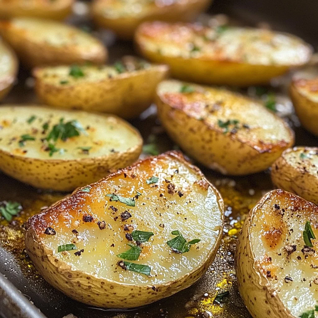Delicious roasted potato halves served with herbs and spices.