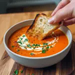 Bowl of roasted sweet potato soup garnished with herbs