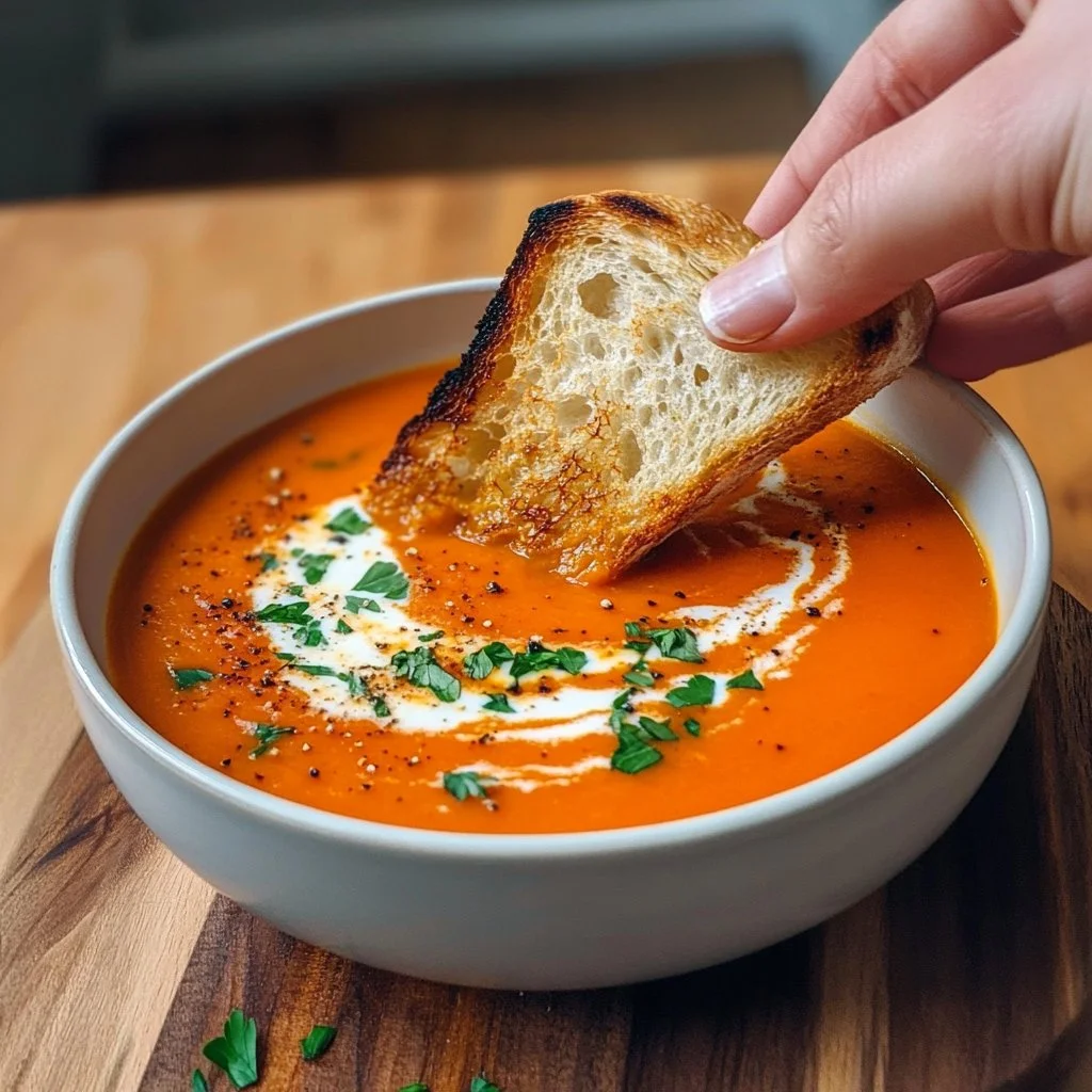 Bowl of roasted sweet potato soup garnished with herbs