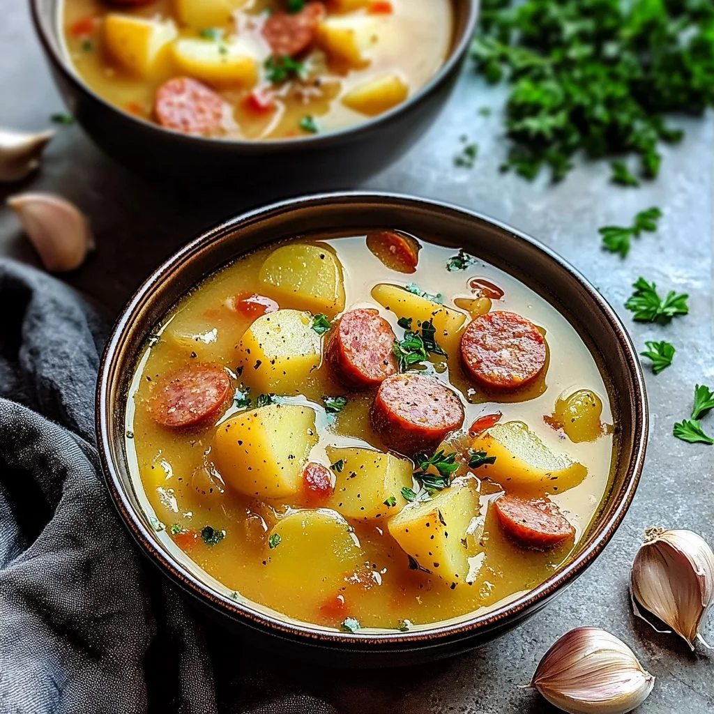 Bowl of hearty sausage potato soup garnished with herbs and served with bread.