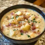 Bowl of creamy Crockpot potato soup garnished with herbs.