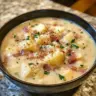 Bowl of creamy Crockpot potato soup garnished with herbs.