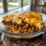 Delicious Sloppy Joe Casserole served in a baking dish with melted cheese