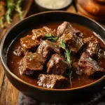 Slow Cooker Beef Manhattan with tender beef and gravy served over mashed potatoes