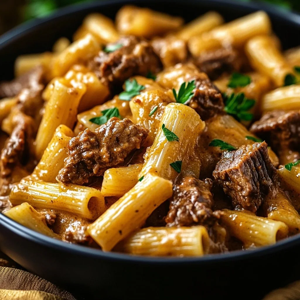 Delicious slow cooker creamy garlic beef pasta served in a bowl