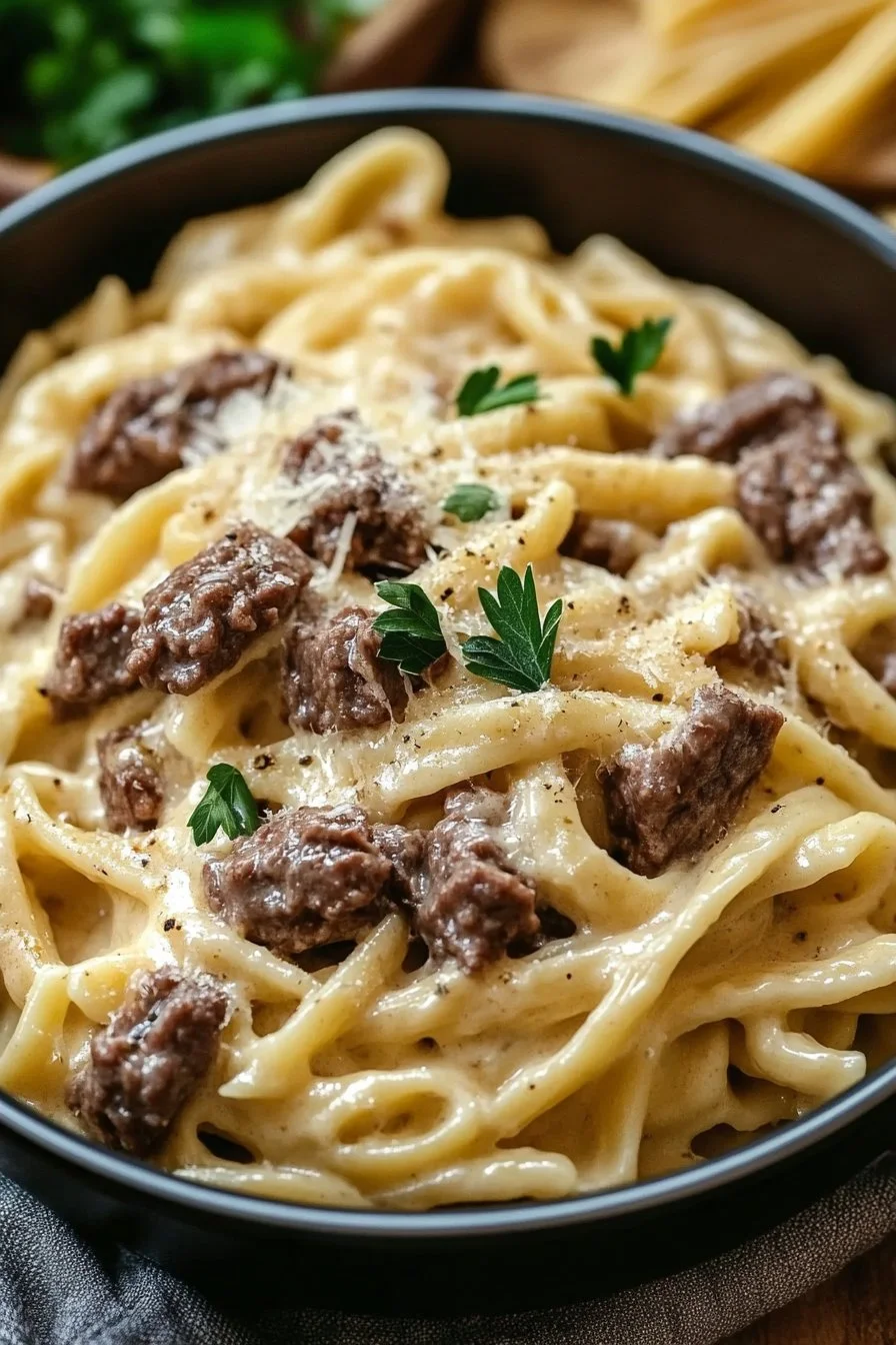 Slow Cooker Creamy Garlic Beef Pasta